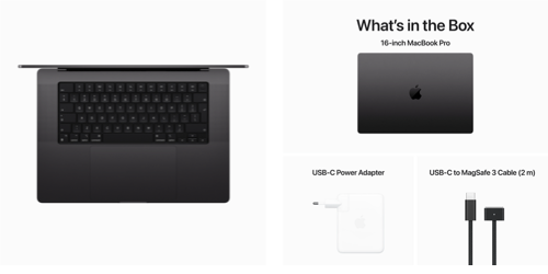 What's in the box: 16 inch MacBook Pro, USB-C Power Adapter, USB-C to Magsafe 3 Cable (2m)